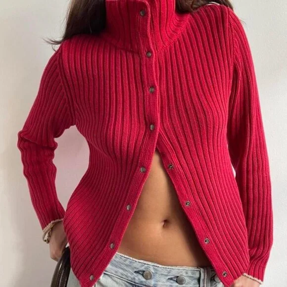 Vintage Armani Jeans Cherry Red Button Cardigan Knit Ribbed Cotton Sweater
